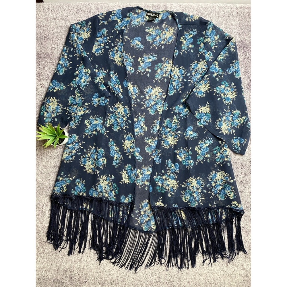 Wet Seal Blue Floral Kimono With Fringes OS